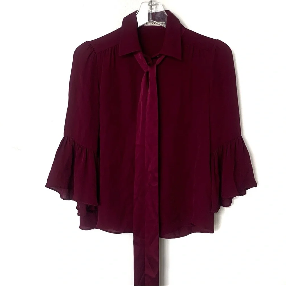 ALICE + OLIVIA 'Currant' Purple 100% Silk Top with Neck Tie Blouse Size XS - Picture 4 of 16